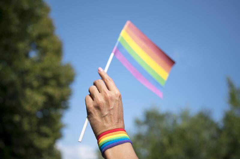 Bandeira LGBTI+ sendo erguida por uma mão que também tem uma pulseira nas cores do arco íris. Ao fundo, o céu e vegetações.